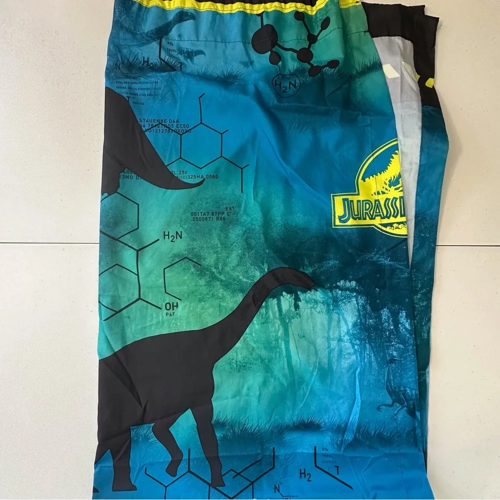 Lot of 2 Jurassic World curtains w/‎ ties approx 64”x39.5” blue yellow green
